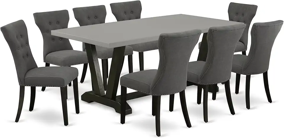 East West Furniture V697GA650-9 9 Piece Modern Dining Table Set Includes a Rectangle Wooden Table with V-Legs and 8 Dark Gotham Linen Fabric Upholstered Chairs, 40x72 Inch, Multi-Color