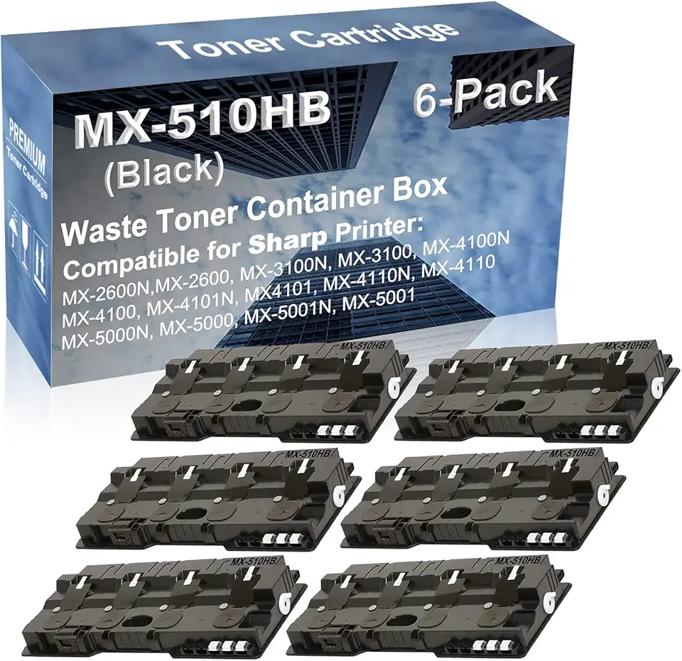6-Pack Compatible High Yield MX-5000N, MX-5000, MX-5001N, MX-5001 Printer Waste Toner Container Box Replacement for Sharp MX-510HB MX510HB Toner Cartridge (Black)