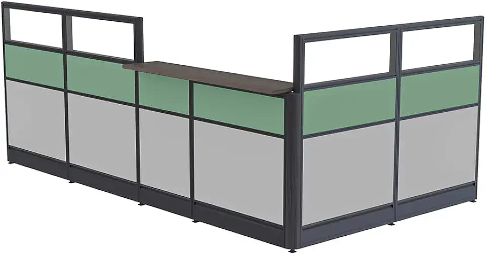 SKUTCHI DESIGNS INC. L-Shaped Glass Reception Cubicle | Reception Desk with Storage | Transaction Counter | Emerald Cubicle Collection | 6x11x52 H | Black Oak