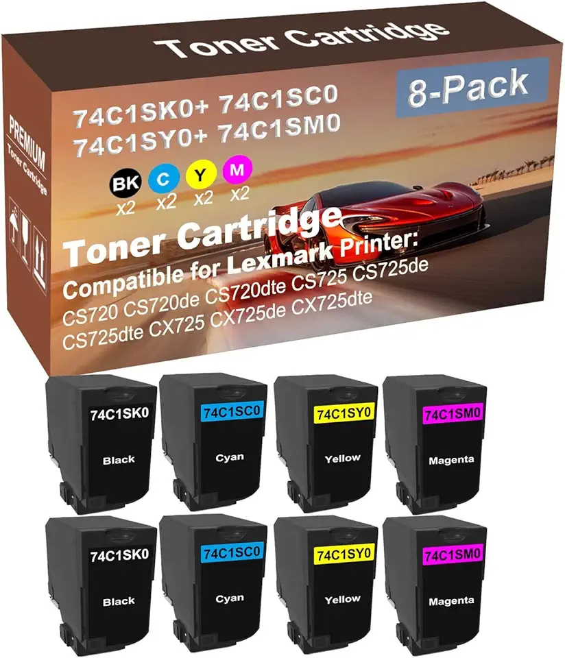 8-Pack (2BK+2C+2Y+2M) Compatible High Yield 74C1SK0+ 74C1SC0+ 74C1SY0+ 74C1SM0 Laser Printer Toner Cartridge Used for Lexmark CX725 CX725de CX725dte Printer
