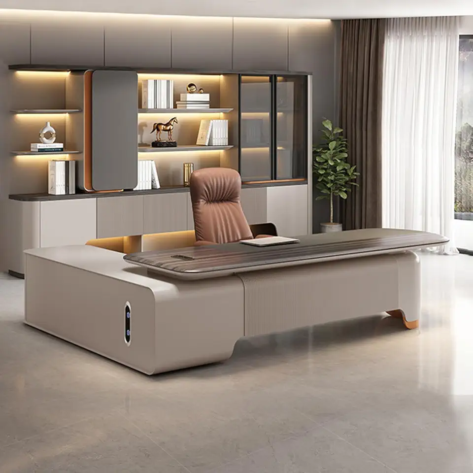 94in Grey Modern Business Computer Desk, Executive Office Desk with Lateral Cabinet Study Writing Table Business Furniture Set for Home Office