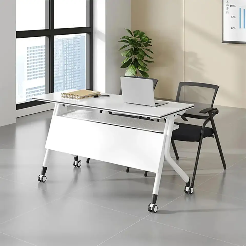 Modern White Folding Conference Table with Silent Wheels Multipurpose Rectangular Design for Office Meeting Room