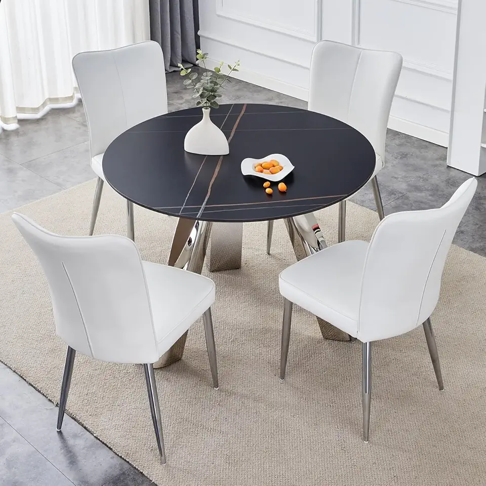 42-inch Sintered Stone Dining Table and Chair Set Mirror-Polished Stainless Steel Base 4 Black PU Chairs,Easy Assembly