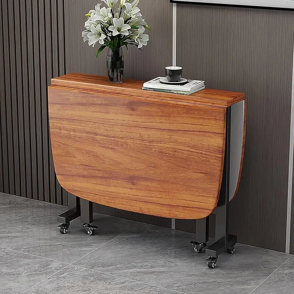 Space Saving Folding Dining Table, Solid Wooden Foldable Kitchen Table with Carbon Steel Pipe Bracket, 6 Wheels Multipose Expandable Kitchen Drop Leaf Table for Small Space (47.24×31.5×29.53in)(Brown)