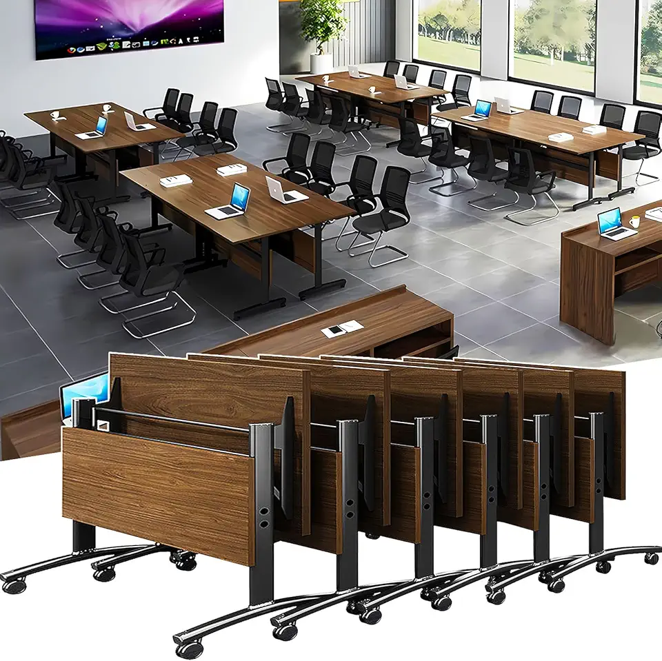 Conference Table, Foldable flip top Mobile Training Table with Wheels,Metal Legs,Rectangle Modern for Office Meeting Room,Classroom