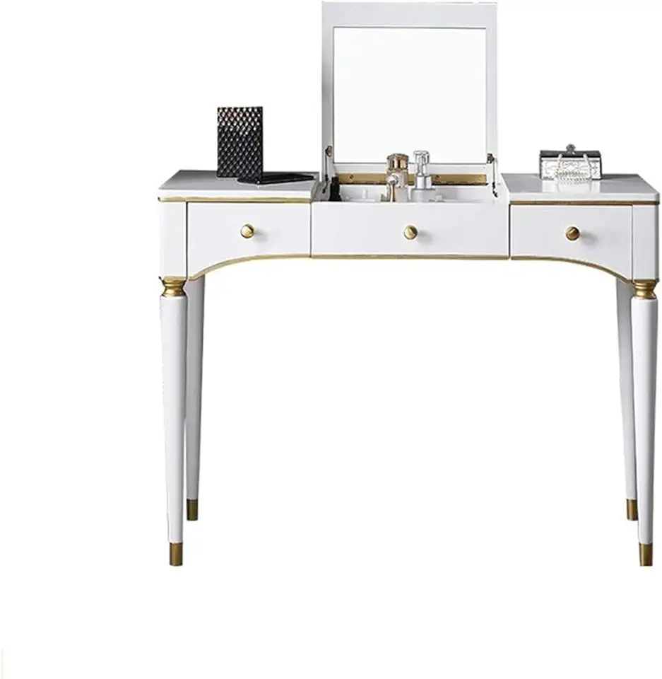 high-end Dressing Table Girls Dressing Table Set Solid Wood Make Up Table with Large Storage Bedroom Furniture (Mirror+Dressing Stool) 39.3x15.7x29.9inch (White 100x40x76cm)