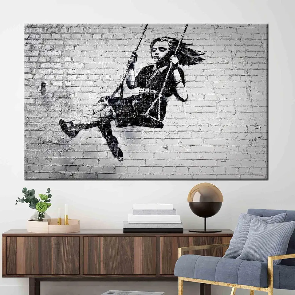 Modern Banksy Girl On Swing Abstract Street Artwork Graffiti Poster Perfect For Adding A Contemporary Vibe To Your Living Space Or Office Decor - 1PC - 100x235