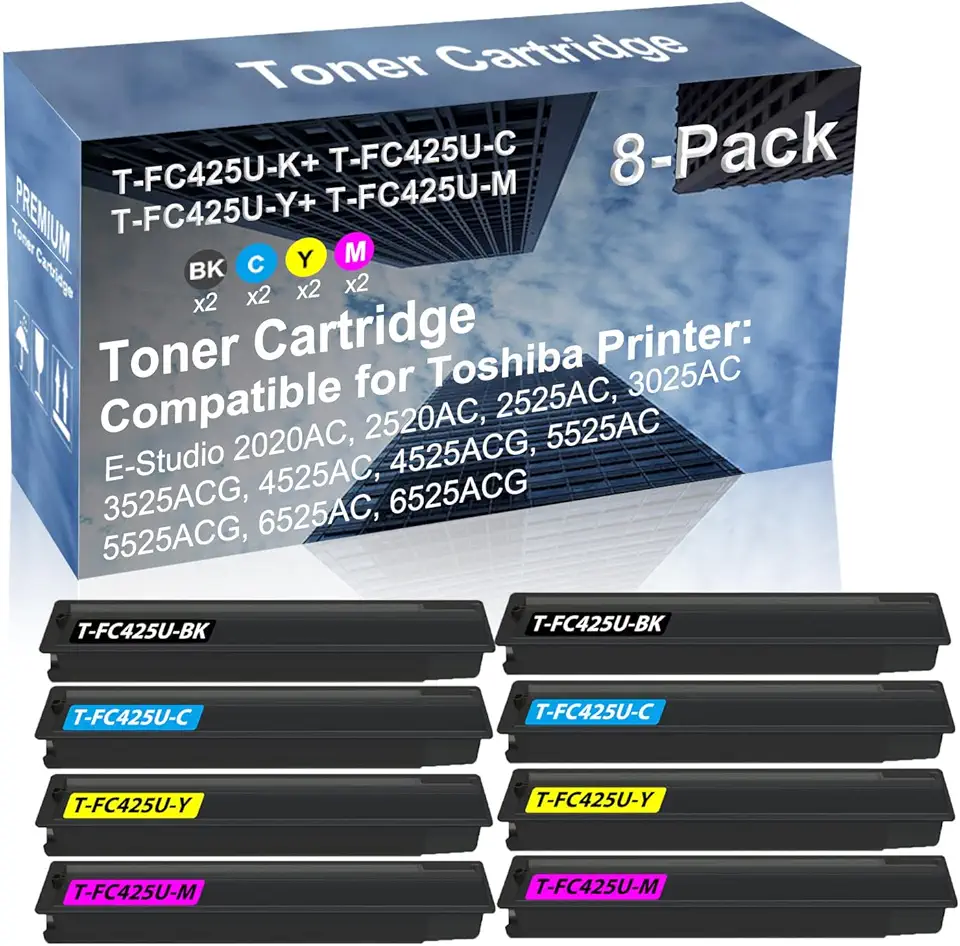 8-Pack (2BK+2C+2Y+2M) Compatible High Yield T-FC425U-K+ T-FC425U-C+ T-FC425U-Y+ T-FC425U-M Laser Printer Toner Cartridge Used for Toshiba E-Studio 5525ACG, 6525AC, 6525ACG Printer