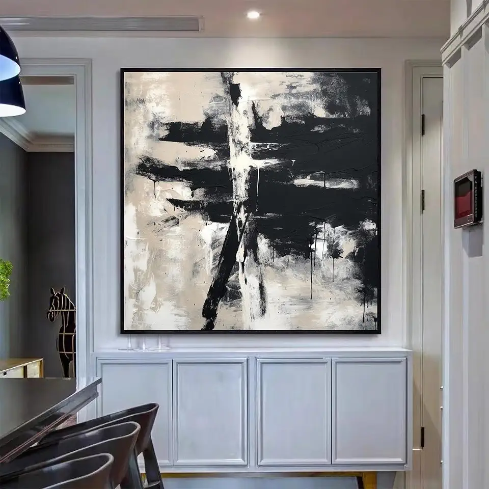 GYJAGHL Large Milimalist Abstract Painting,Beige Black Minimalist Painting On Canvas,Textured Painting,Abstract Art,Wall Art,Home Decor,Unstretched,Frameless,(183X183cm) 72X72Inches