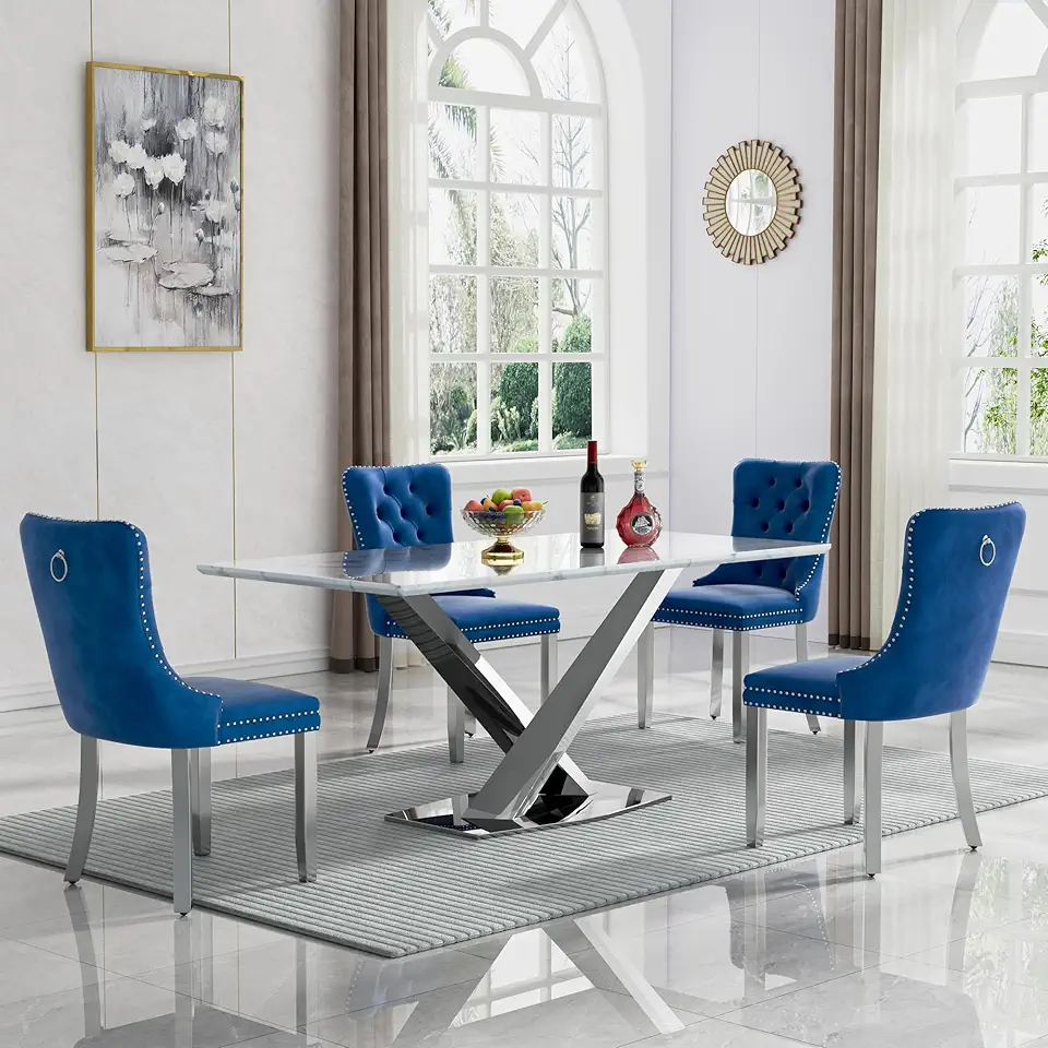 5 Piece Dining Table Set with 4 Upholstered Chairs, 70'' Modern White Silver Dining Table Set for 4, High Gloss Stainless Steel Base, White Faux Marble Kitchen Dining Room Table Set for 4