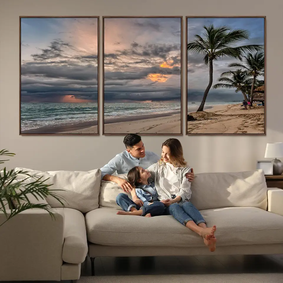 Tropical Storm Wall Art Canvas Print, Moody Beach Print, Framed Dramatic Sky Art Print 3 Panel Floating Frame/Walnut / 90