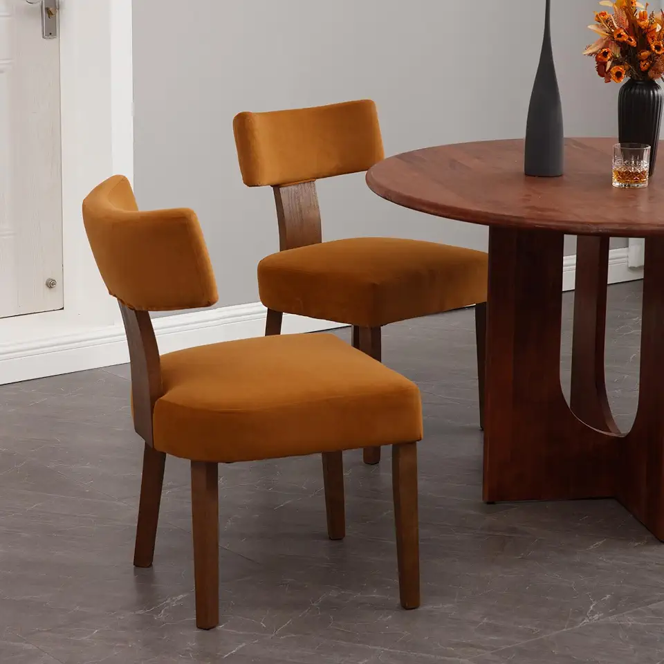 Wahson Modern Kitchen & Dining Room Chairs Set of 2, Velvet Upholstered Dining Chairs with Hardwood Legs, Yellow Brown