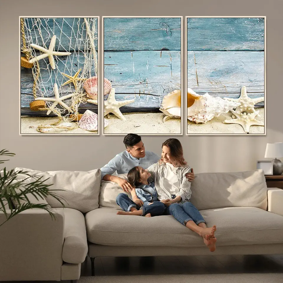 Sami Eymur Seashells on Rustic Wooden Background, Seashells Wall Art Canvas Print 3 Panel Floating Frame/Natural / 90