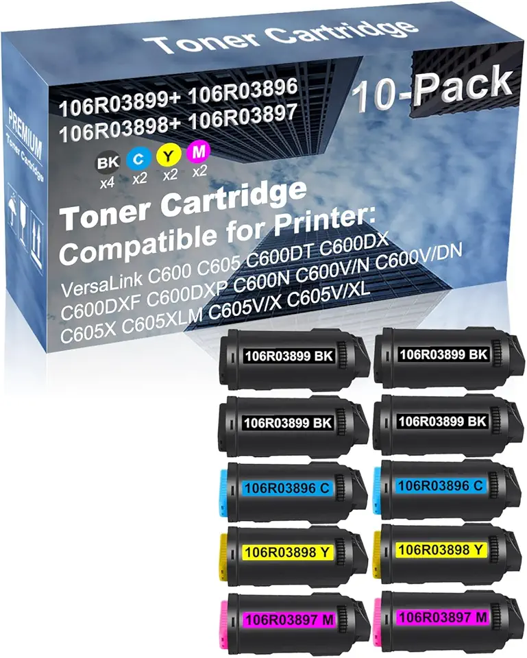 10-Pack (4BK+2C+2Y+2M) Compatible C600DXP C600N C600V/N C600V/DN Printer Toner Cartridge High Capacity Replacement for 106R03899+ 106R03896+ 106R03898+ 106R03897 Toner Cartridge