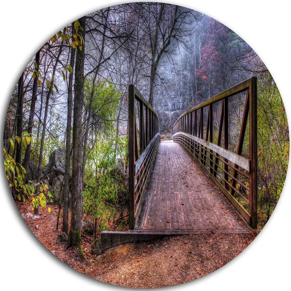 Designart Beautiful Bridge Over Creek-Landscape Photo Round Wall Art-Disc of 23, 23'' H x 23'' W x 1'' D 1P, Green