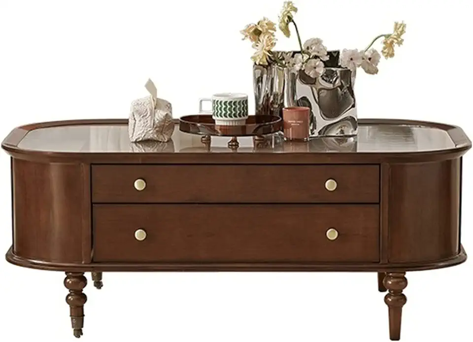 Side Table Vintage Wood Coffee Table, Rectangular Living Room Table Center Table with 2 Drawers and Swivel Wheels, Easy to Assemble for Bedroom, Living Room, Sofa (Color : Brass) (1)