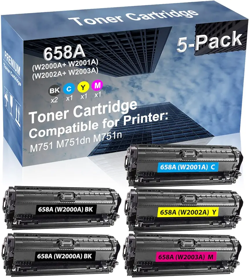 5-Pack (2BK+C+Y+M) Compatible High Yield 658A (W2000A+ W2001A+ W2002A+ W2003A) Laser Printer Toner Cartridge Used for M751 M751dn M751n Printer