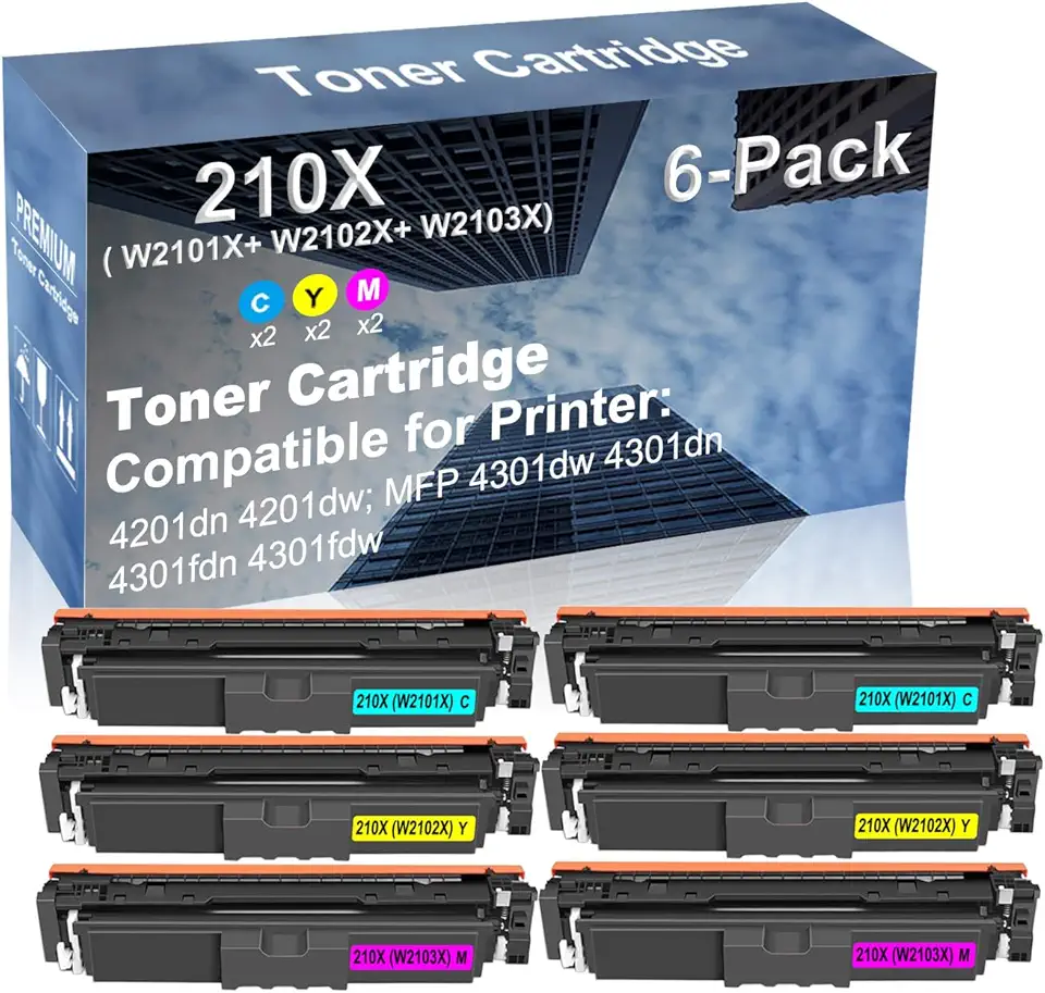 6-Pack (2C+2Y+2M) Compatible High Yield 210X (W2101X+ W2102X+ W2103X) Laser Printer Toner Cartridge use for 4201dn 4201dw; MFP 4301dw 4301dn 4301fdn 4301fdw Printer (with Chip)