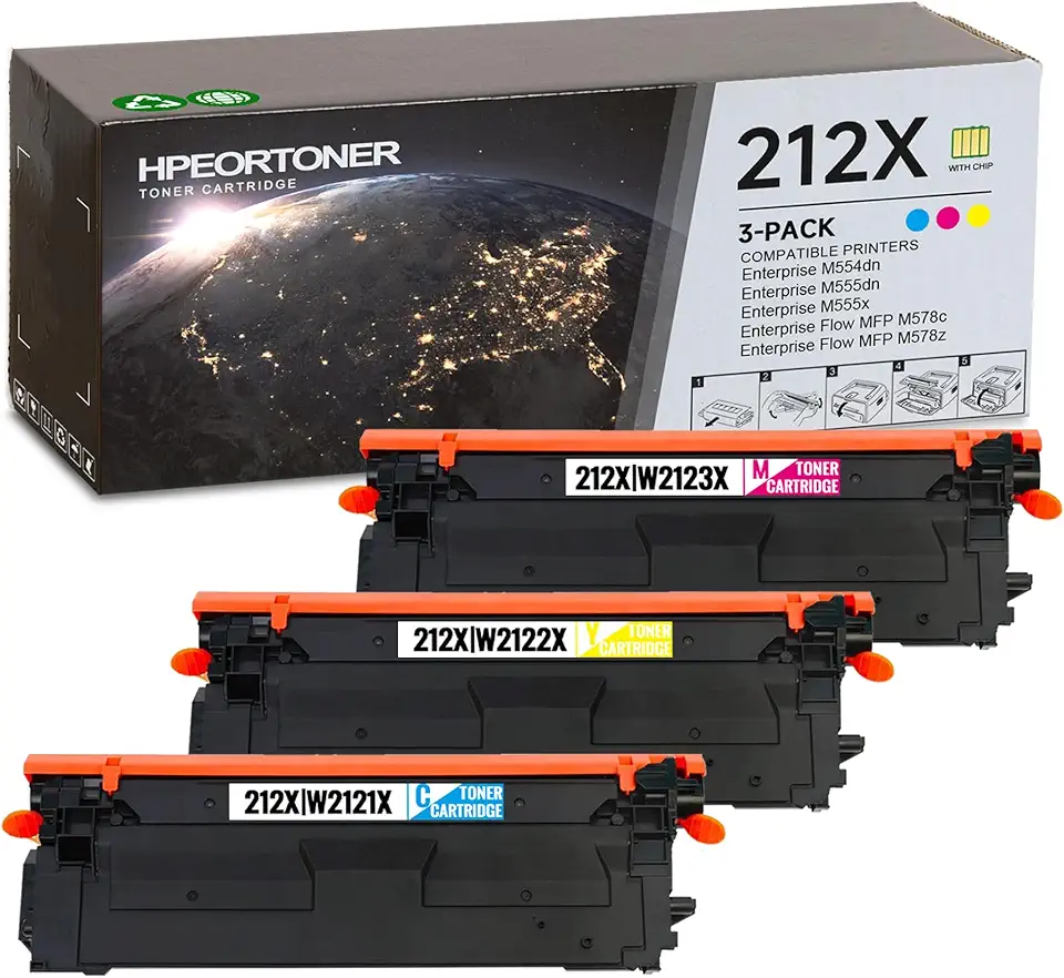 212X | W2121X W2122X W2123X C/Y/M Toner Cartridge (with chip) : 3 Pack 212X High Capacity Toner Cartridge (10,000 Pages) Replacement for HP 212X for Enterprise M578c M578z M554dn M555dn M555x Printer