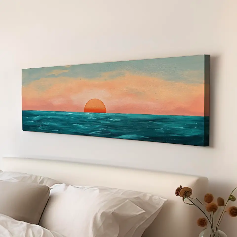 My Sweet Hideout Minimal Sunset Over The Ocean Above Bed Wall Art Modern Abstract, Panoramic Sunrise Canvas Print, Seascape Long Horizontal Canvas Art 30x90