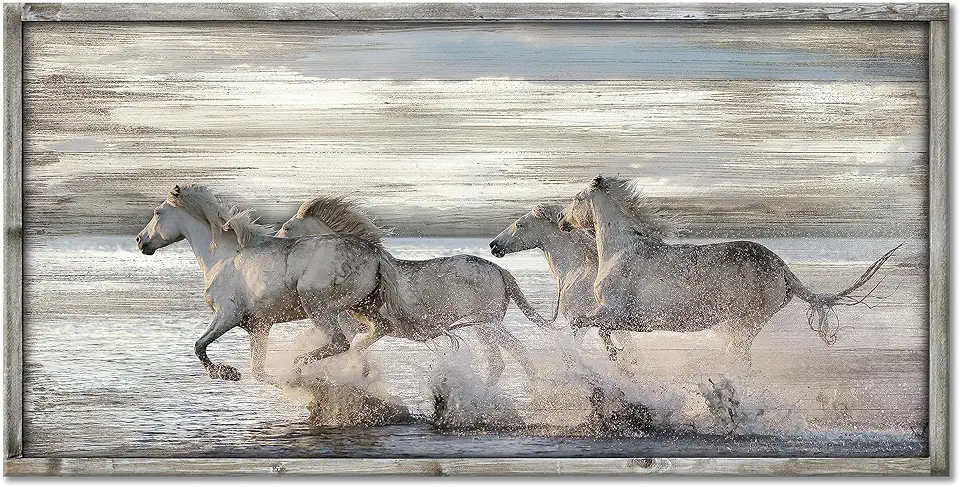 Horse Pictures Wall Art Framed: Running Animal Horses Print on Textured Natural Wood with Handcrafts Rustic Sturdy Framed Artwork for Farmhouse Decor (40'' x 20'' x 1 Panel)