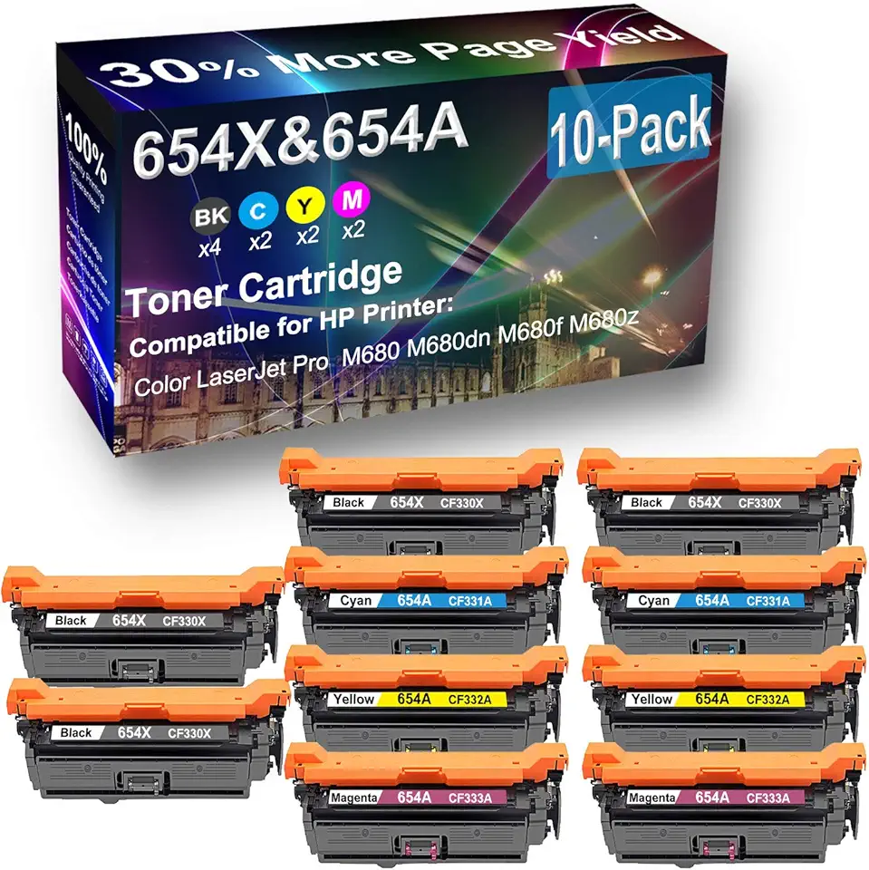 10-Pack (4BK+2C+2Y+2M) Compatible M651dn Printer Toner Cartridge High Capacity Replacement for HP (CF330X+ CF331A+ CF332A+ CF333A) 654X 654A Toner Cartridge