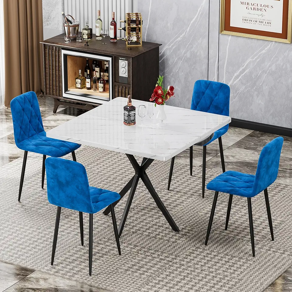 Mid Century Modern Square Dining Table, 38.6 Inch Space-Saving Design with Durable MDF Top and Iron Legs, Versatile for Kitchen, Dining Room, Office Use for 4-6 People,BlueVelvet2