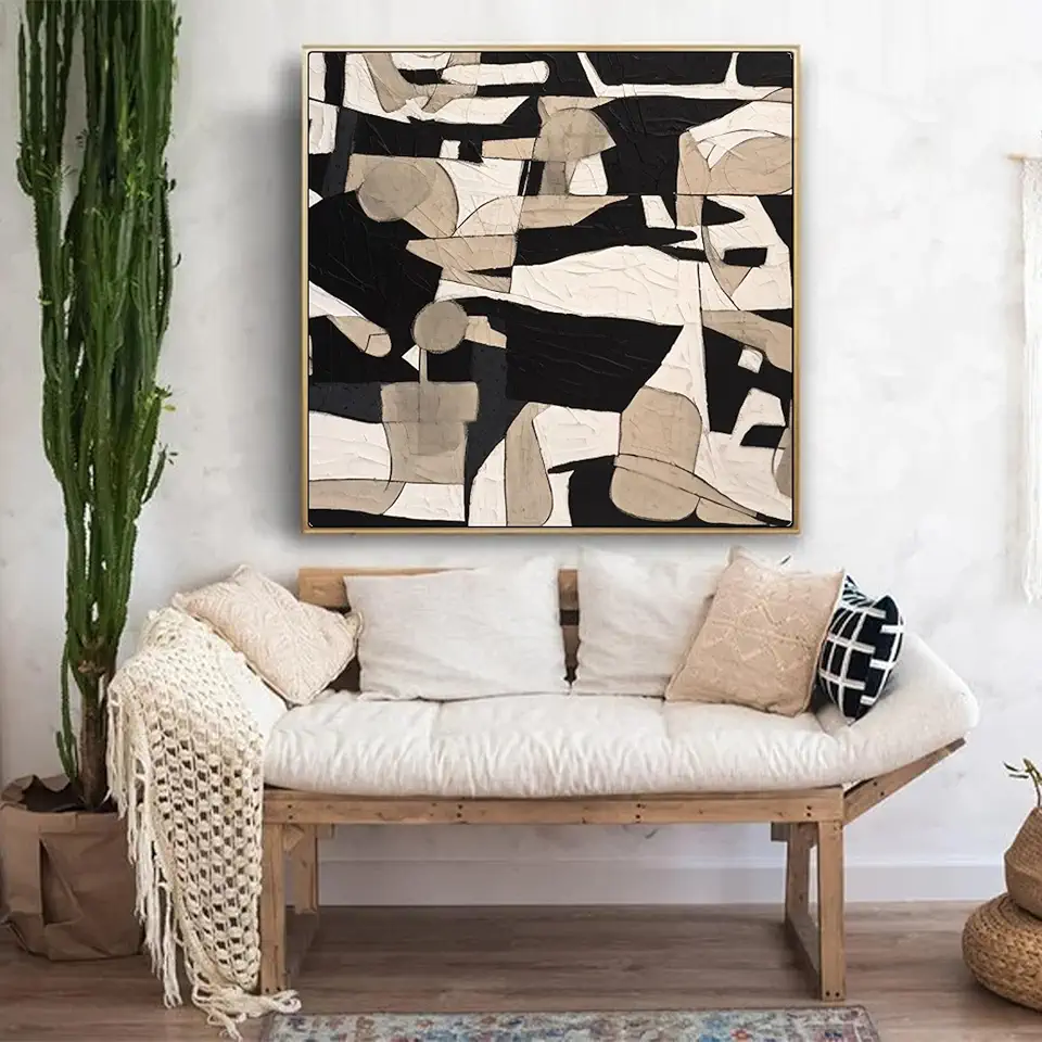 Brown Black Geometric Wall Art,Neutral Wall Art,Nordic Wall Decor,Sofa Wall Art,Room Wall Decor,Unstretched,Frameless,(183X183cm)72X72Inches