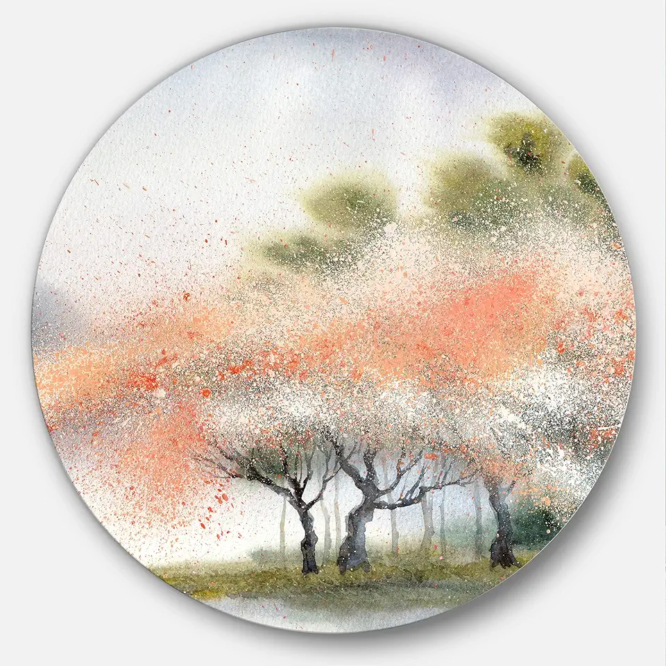 Designart Trees with Flowers Near River Landscape Metal Wall Art-Disc of 23 inch, 23X23-Disc, Red/Green