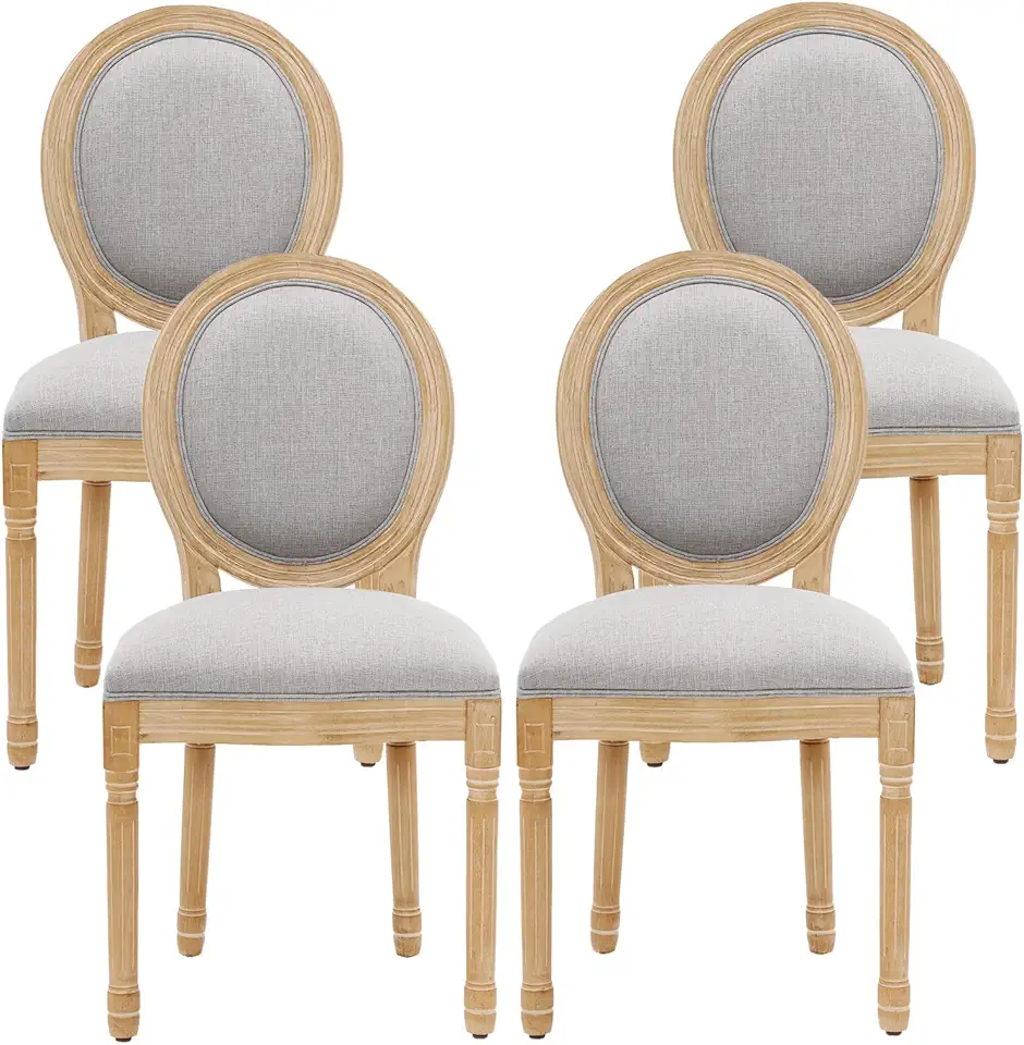 Furniliving French Country Dining Chairs Set of 4, Upholstered Dining Room Chairs with Round Back Farmhouse Kitchen Chairs for Living Room, Kitchen, Restaurant (LightGrey-Round)