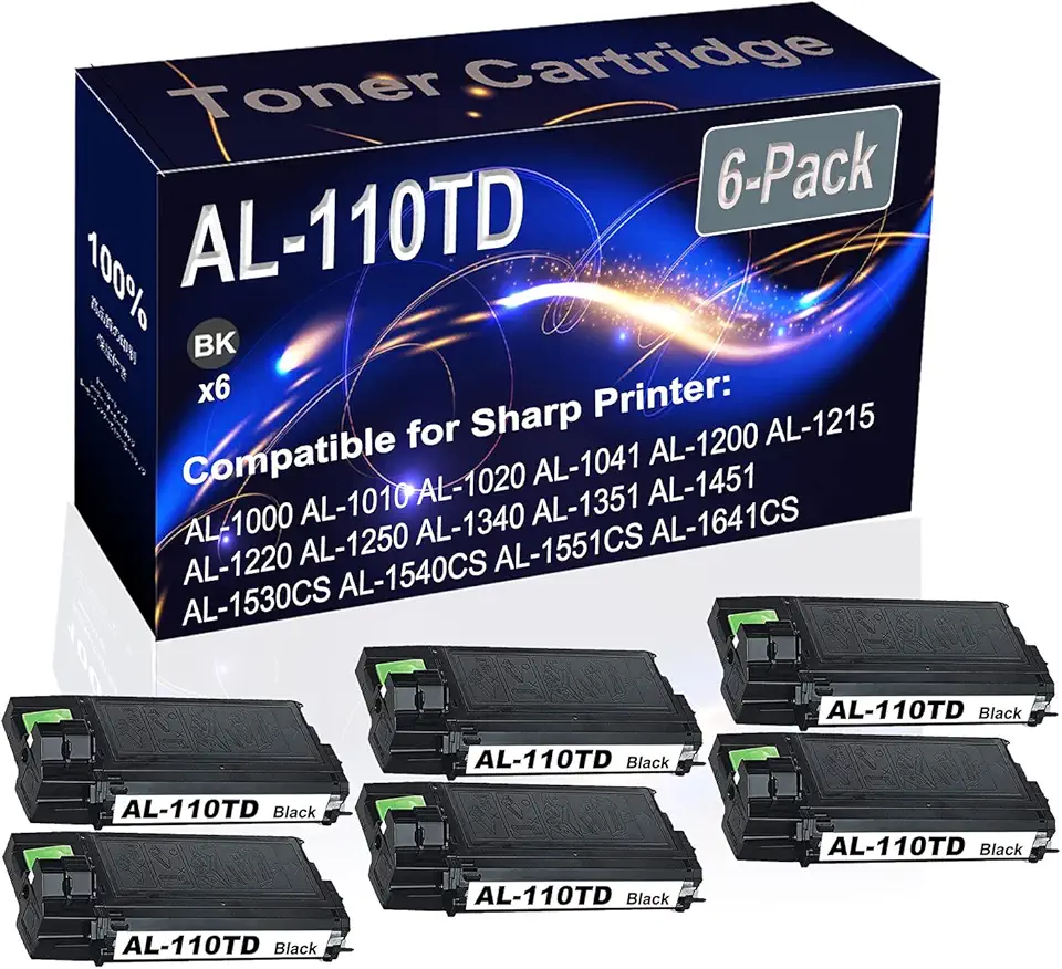 6-Pack (Black) Compatible AL-110TD AL110TD Printer Toner Cartridge (High Capacity) fit for Sharp AL-1000 AL-1010 AL-1020 AL-1041 Printer