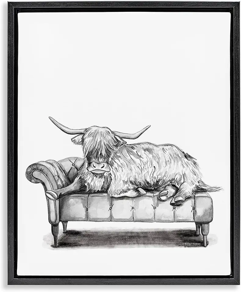 Stupell Industries Longhorn Lounging on Couch Black Framed Floater Canvas Wall Art Design by Rachel Nieman, 17 x 21
