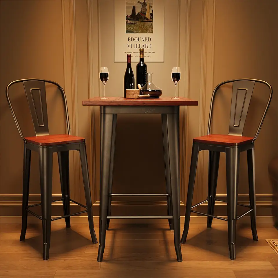 3 Piece Bar Table and Chairs Set for 2, Dining Table Set for 2, Pub Table and Chairs with Footrest and Foot Pads for Kitchen, Restaurant, Pub Bar