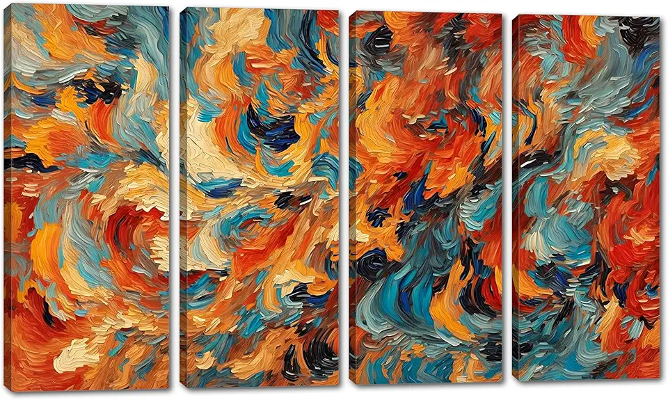 80 x 50 TOTAL - Swirling Brushstrokes Canvas Wall Art Abstract Print 4 Panel Split Impasto Style - Flat 2D Giclee