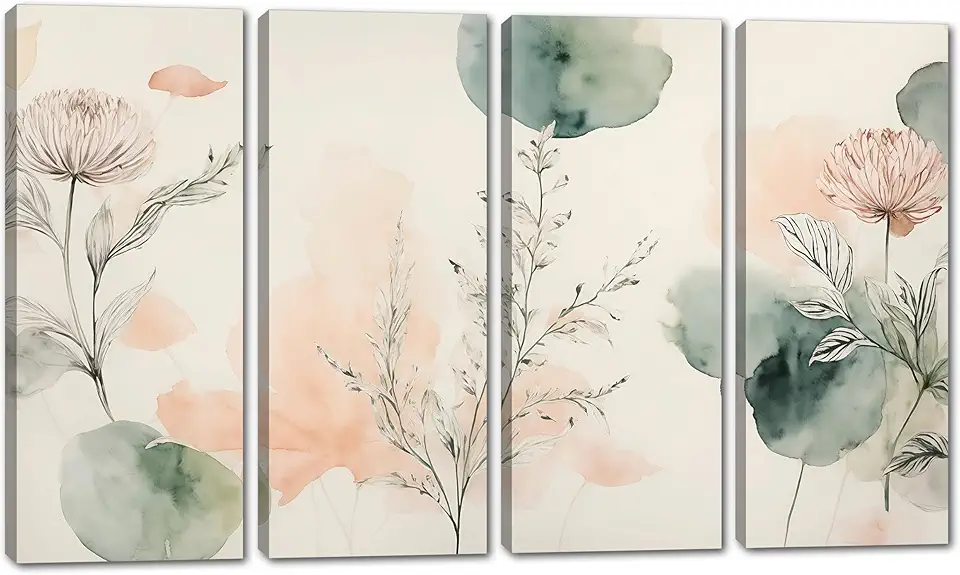 80 x 50 TOTAL - Watercolor Canvas Wall Art floral Print botanical decor of foliage - 4 Panel Split