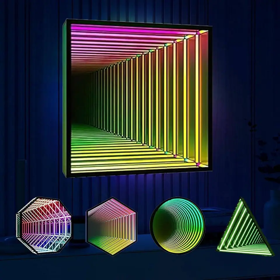 Infinity Mirror Neon Sign Tunnel Light, RGB Polygon Night Light, 3D Decorative LED Night Lamp, Infinity Mirror Art Light Night Light with Multi Color Changing Light,Square-70cm
