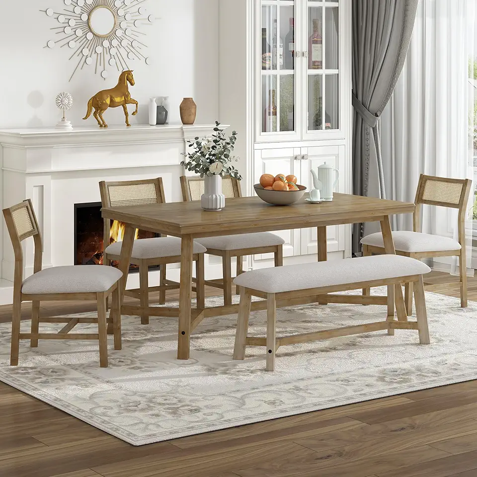 LUMISOL 6 Piece Kitchen Table and Chairs Set with Bench Farmhouse Solid Wood Dining Room Table Set for 6 Persons, Natural Wood Wash