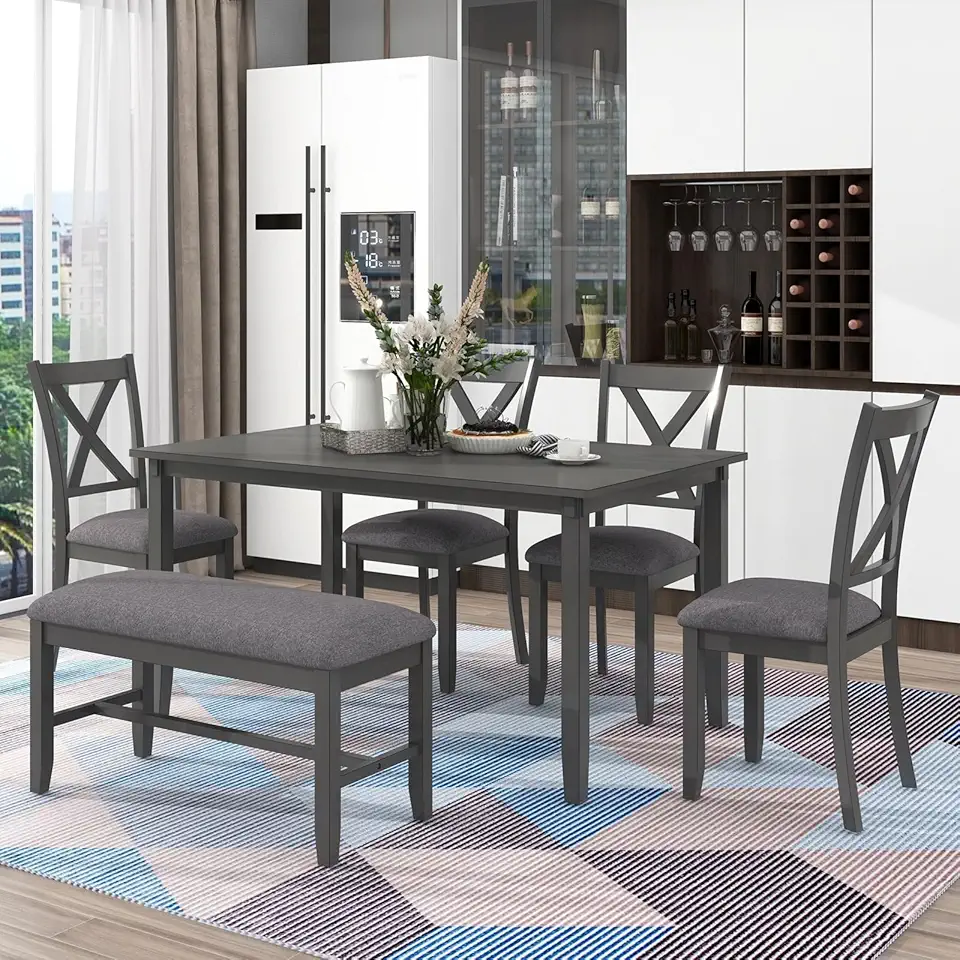 6-Piece Kitchen Dining Table Set Wooden Rectangular Dining Table, 4 Fabric Chairs and Bench Family Furniture (Gray)