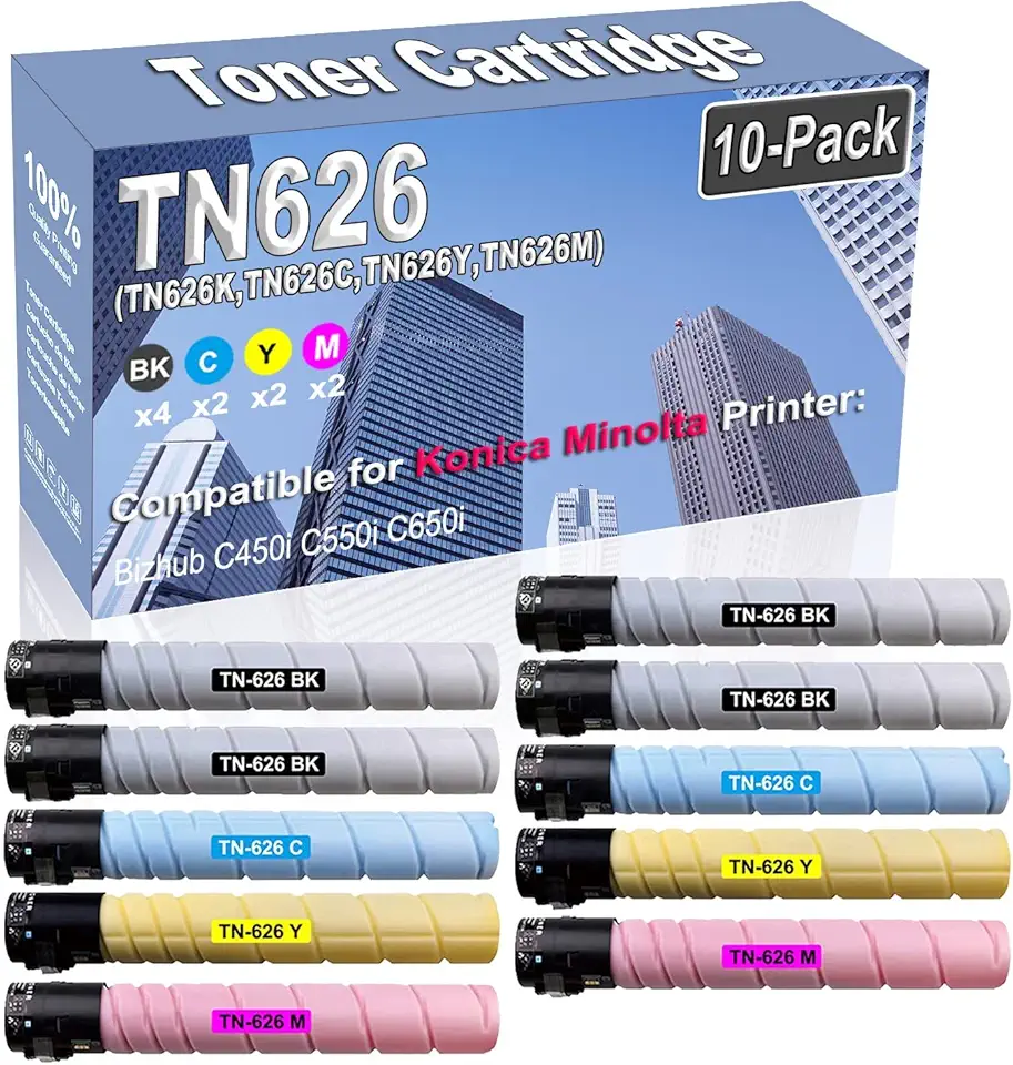 10-Pack (4BK/2C/2Y/2M) Compatible High Capacity TN626 TN-626 (TN626K TN626C TN626Y TN626M) Toner Cartridge Used for Konica Minolta Bizhub C450i C550i C650i Printer