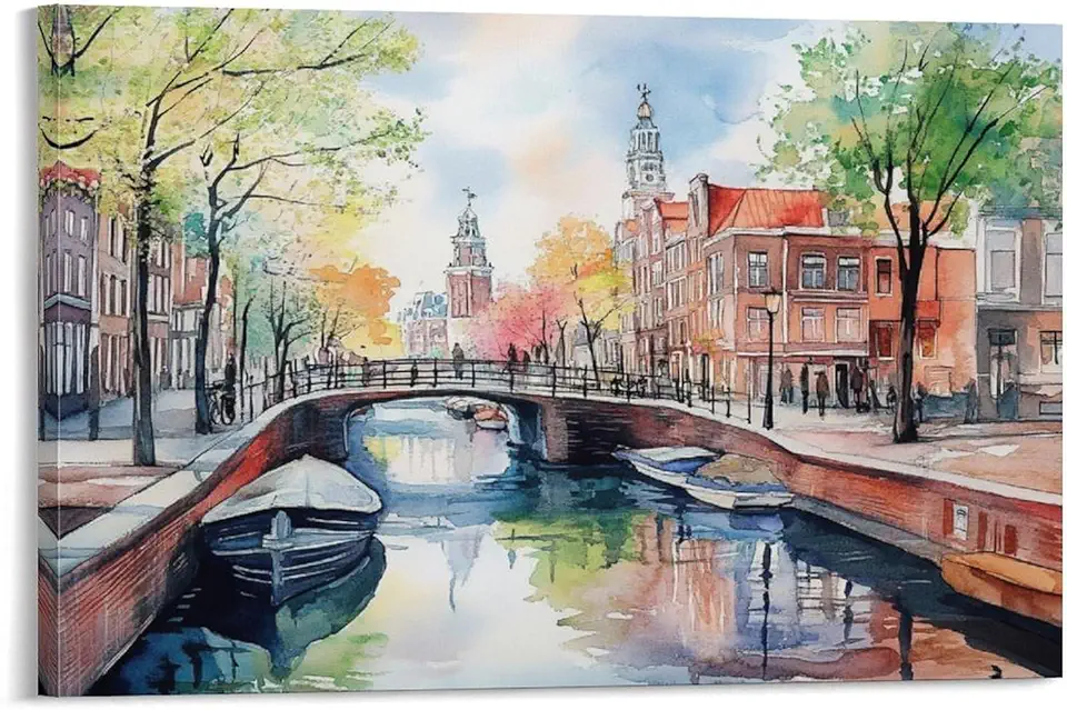 Springtime Watercolor Amsterdam Netherlands Canal, Amsterdam Wall Art Canvas Wall Art Posters for Room Aesthetic 20x30inch(50x75cm)