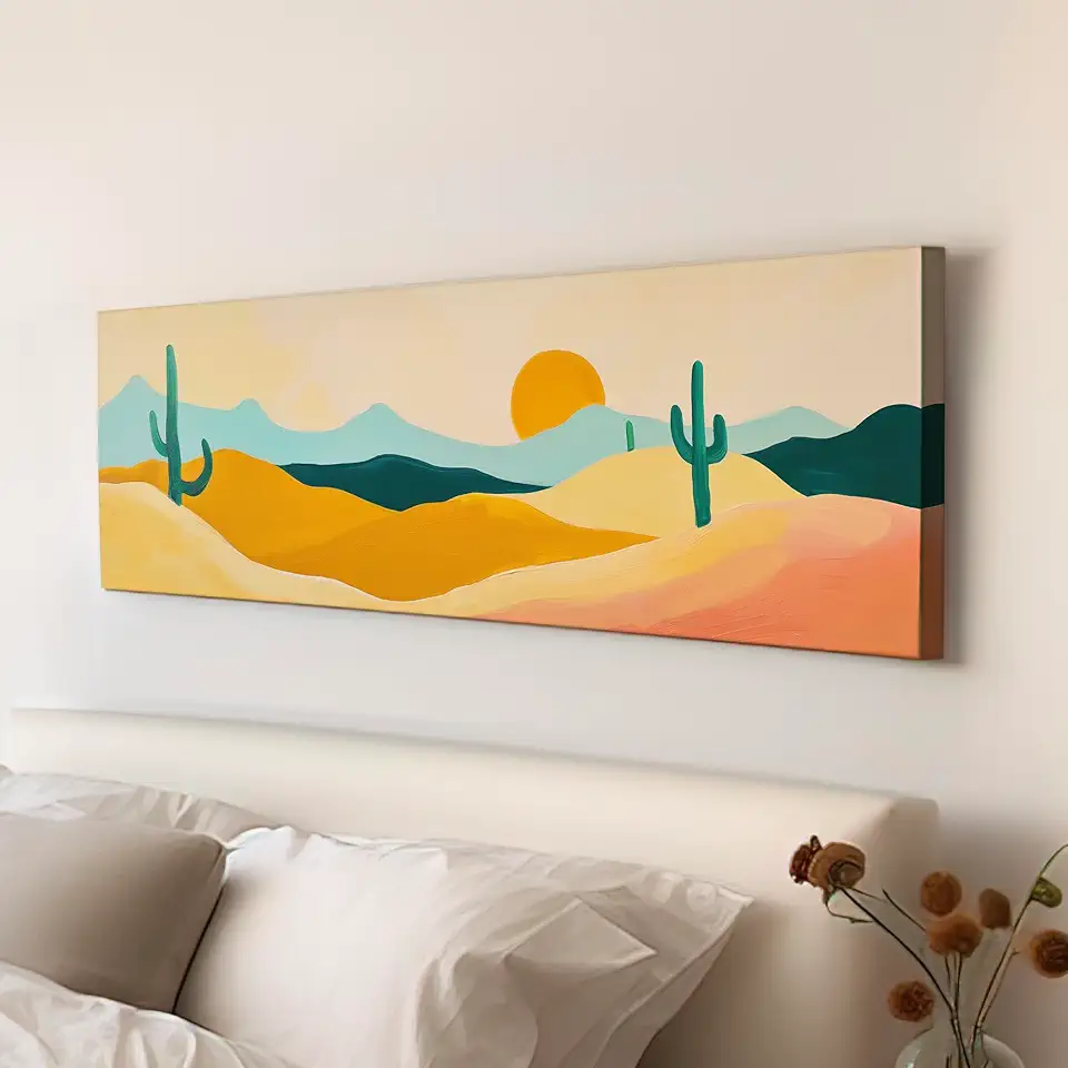 My Sweet Hideout Abstract Cactus Above Bed Wall Art Southwestern, Panoramic Cowboy Canvas Print, Landscape Long Horizontal Canvas Art 30x90