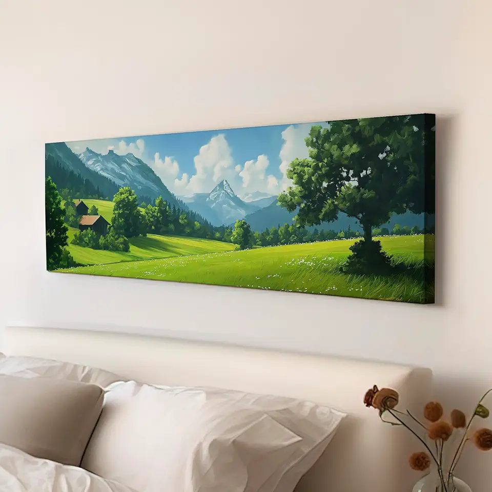 My Sweet Hideout Beautiful Scene in Tirol Above Bed Wall Art Mountain Landscape, Panoramic Minimal Canvas Print, Green Field Long Horizontal Canvas Art 30x90