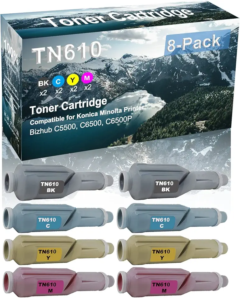 8 Pack (BK+C+Y+M) Compatible TN610 | TN610K TN610C TN610Y TN610M Imaging Toner Cartridge use for Konica Minolta BizHub C5500 C6500 C6500P Printer(High Capacity)
