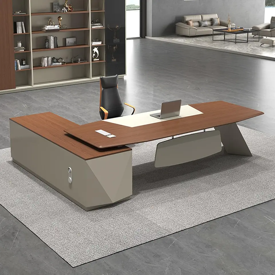 OUDINI L Shaped Desk Wooden Office Desk Large Office Desk Computer Desk with Shelves & Drawer for Home Office