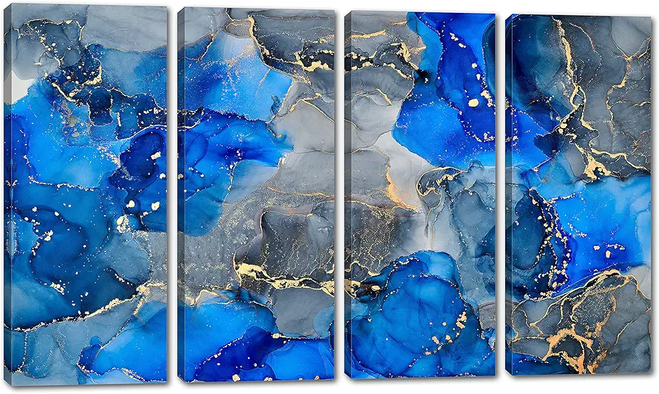 80 x 50 TOTAL - Abstract Marble Canvas Print Wall Art Blue, Gold & Gray 4 Panel Split Liquid Marble Decor
