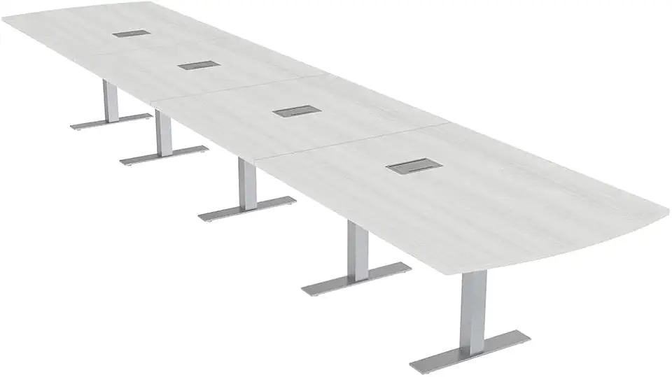 20 Person Arc Rectangle Conference Table with Power & Data | Brushed Silver Metal T-Bases | Harmony Series Modular Meeting Boardroom Tables for Offices, Conference Rooms, and Homes | White Cypress –