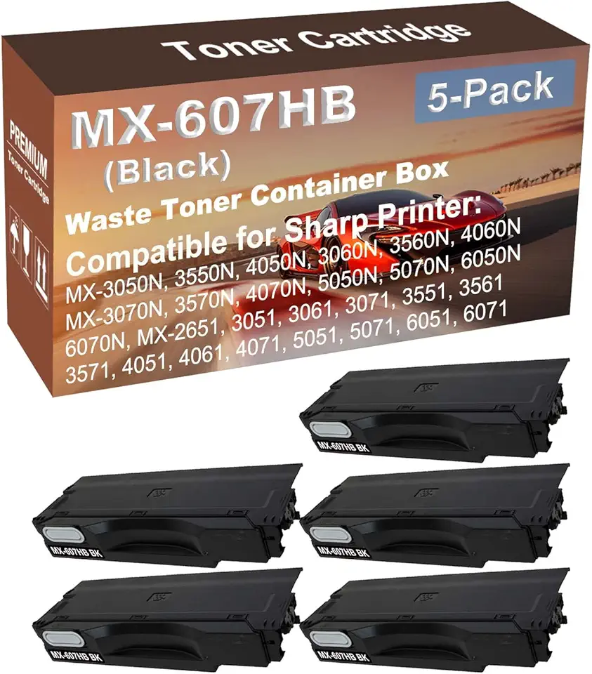 5-Pack Compatible High Yield 5050N, 5070N, 6050N, 6070N, MX-2651, 3051, 3061, 3071, 3551 Printer Waste Toner Container Box Replacement for Sharp MX607HB MX-607HB Toner Cartridge (Black)