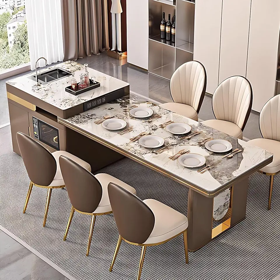 Kitchen Island - Kitchen Island with Extendable Dining Table Includes Metal Frame,Visible Storage Design,Pull-Out Cabinets Includes Slate Countertop for 2-4 Person(No Chair 98.42IN)