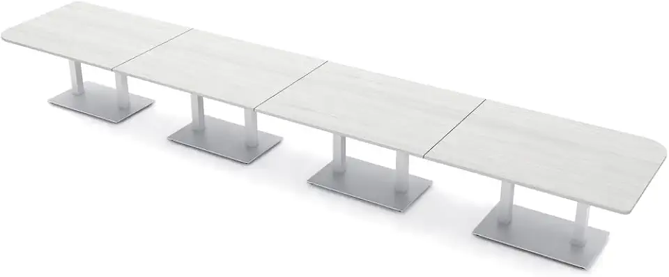 20 Person Duo Shaped Modular Boardroom Table | Asymmetric Rectangle Conference Table with Brushed Silver Square Metal Bases | Harmony Series | Scratch-Resistant | Lakeland Salt – 20’