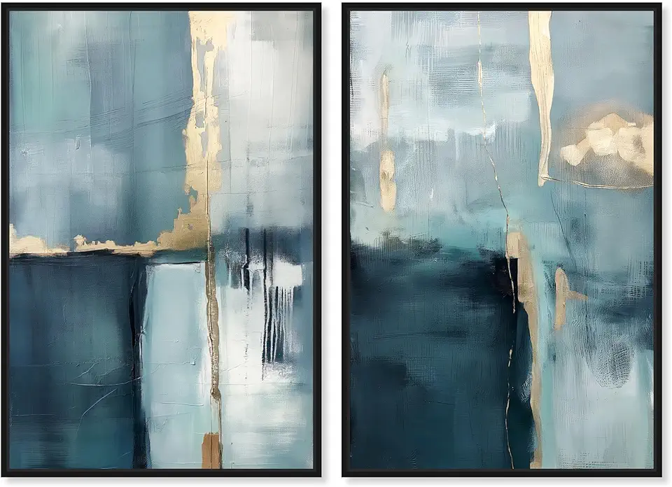 Gilded Blue Luxe 2 Panel Set Canvas Print Blue Wall Art by Art Remedy, Black Frame, 36 x 54